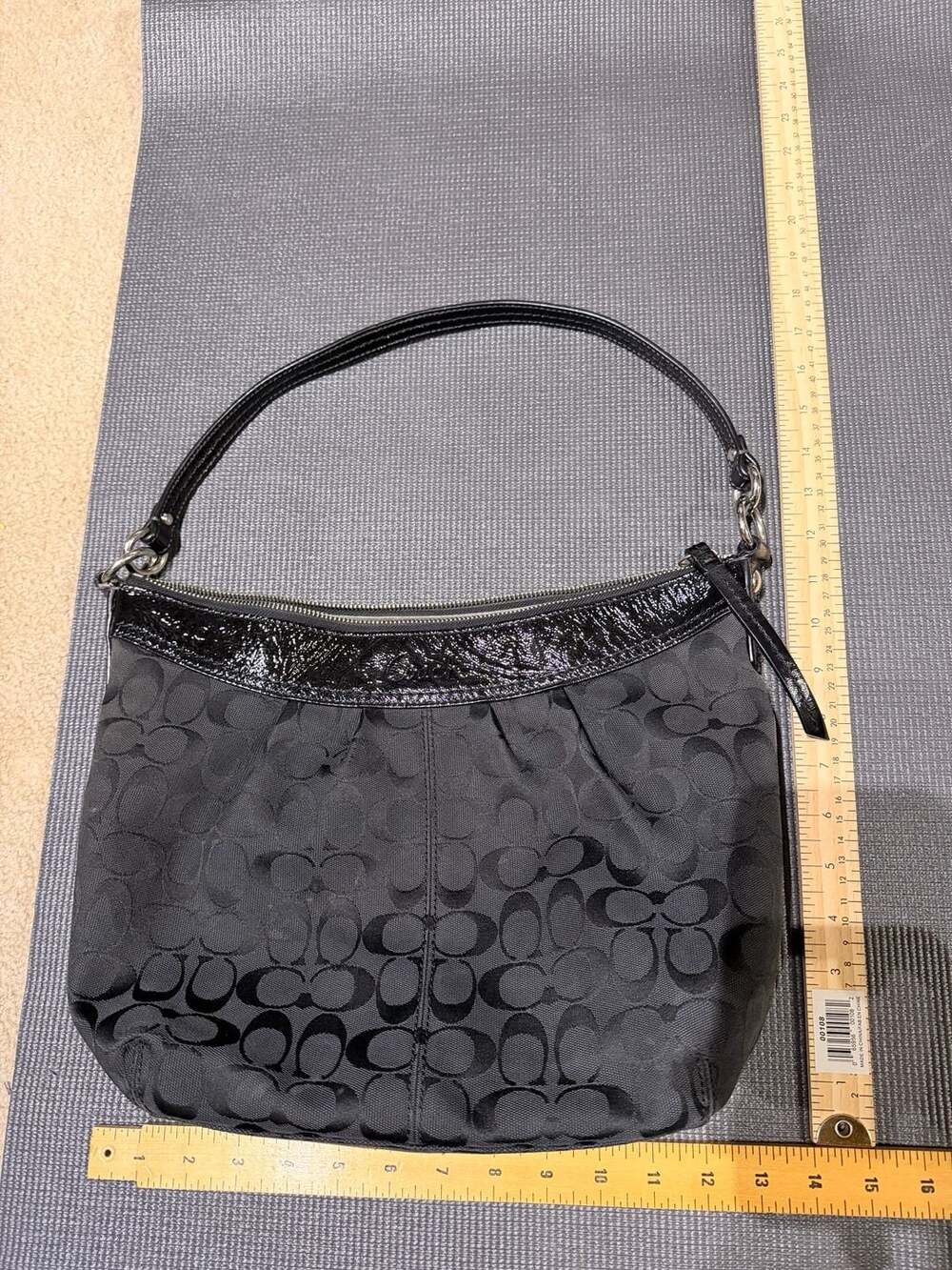 COACH F13744 Signature Black Jacquard and Patent Leather Hobo Bag